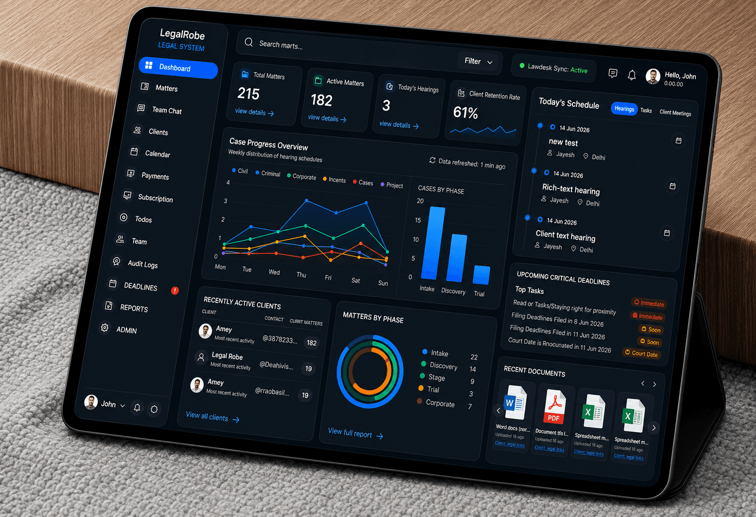 The LegalRobe web app showing the matter dashboard