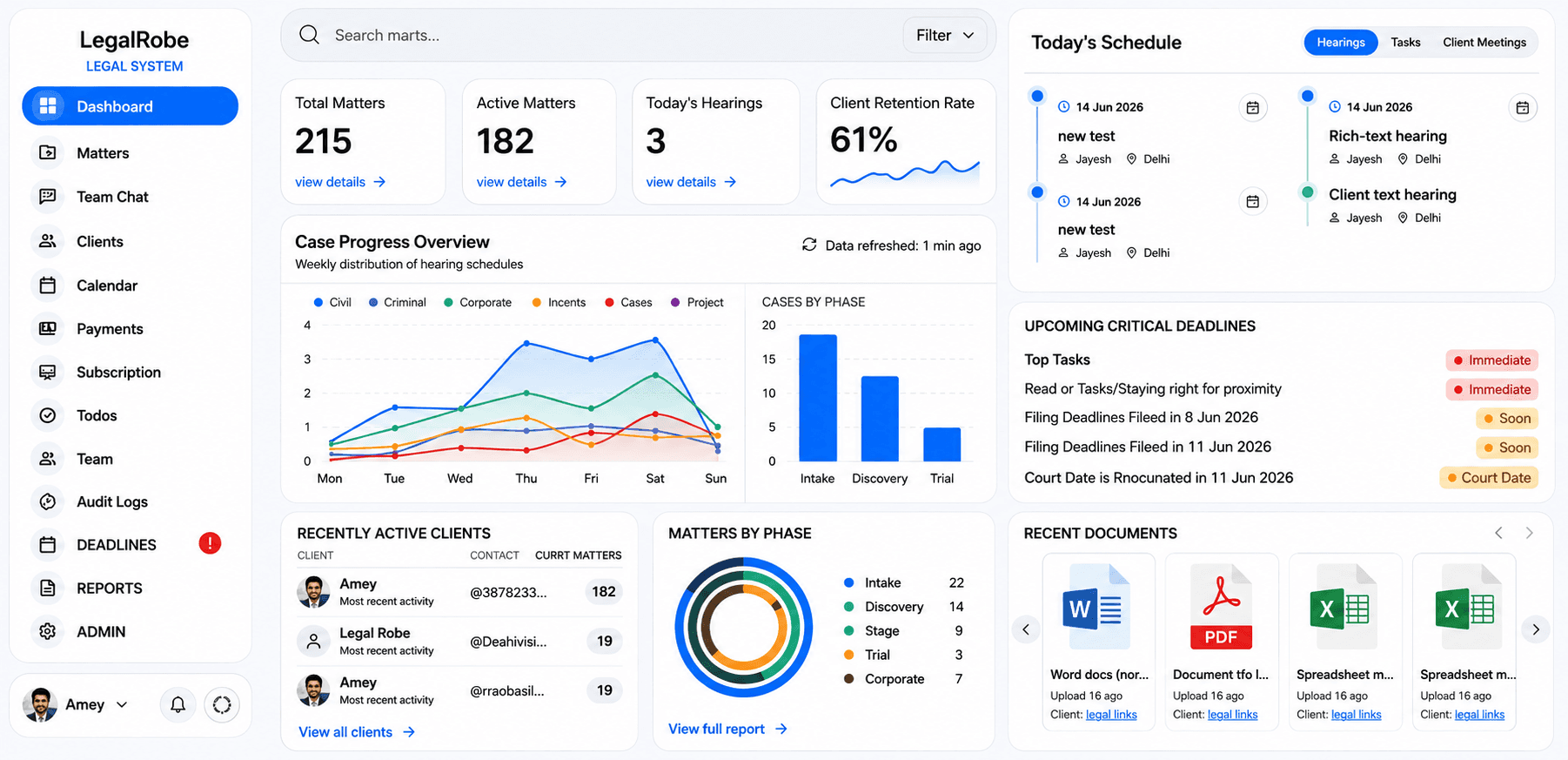 LegalRobe dashboard showing the matter list, hearing calendar and case details